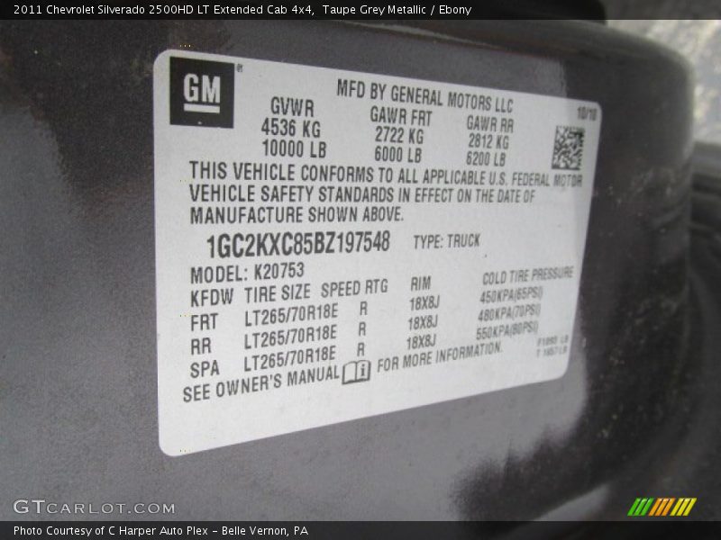 Info Tag of 2011 Silverado 2500HD LT Extended Cab 4x4