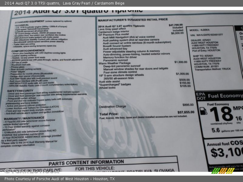  2014 Q7 3.0 TFSI quattro Window Sticker