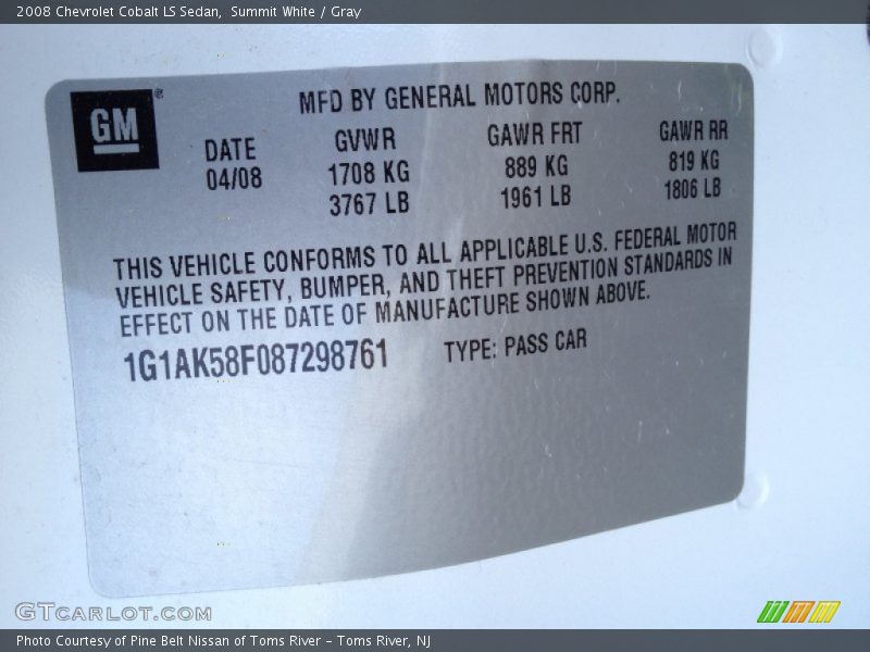 Summit White / Gray 2008 Chevrolet Cobalt LS Sedan