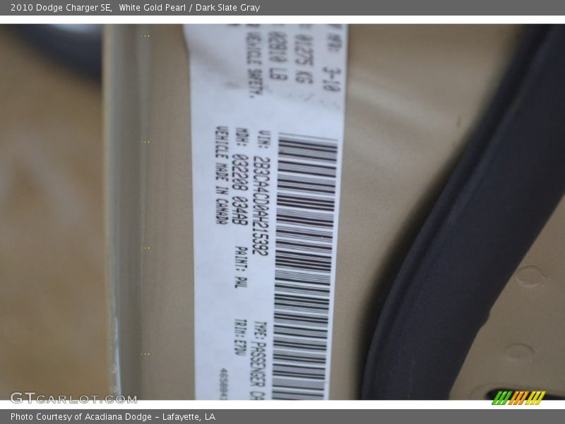 White Gold Pearl / Dark Slate Gray 2010 Dodge Charger SE
