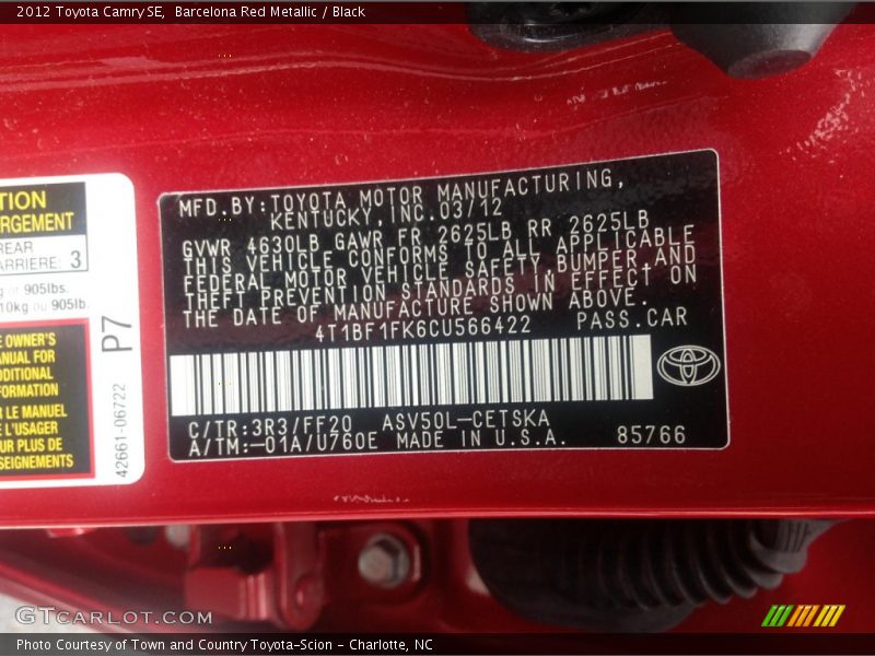 Barcelona Red Metallic / Black 2012 Toyota Camry SE