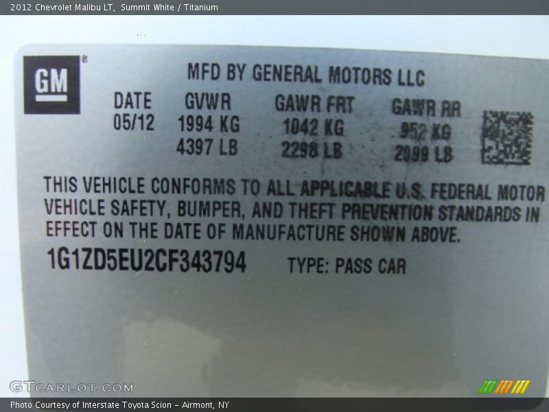 Summit White / Titanium 2012 Chevrolet Malibu LT