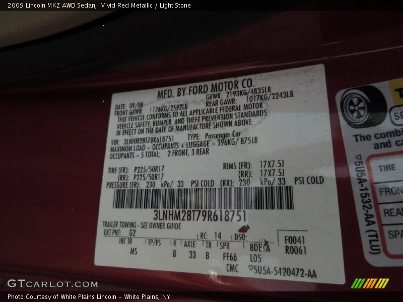 2009 MKZ AWD Sedan Vivid Red Metallic Color Code G2