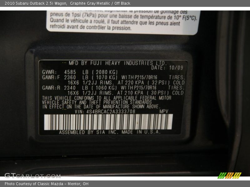 Graphite Gray Metallic / Off Black 2010 Subaru Outback 2.5i Wagon