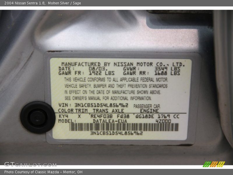 Molten Silver / Sage 2004 Nissan Sentra 1.8