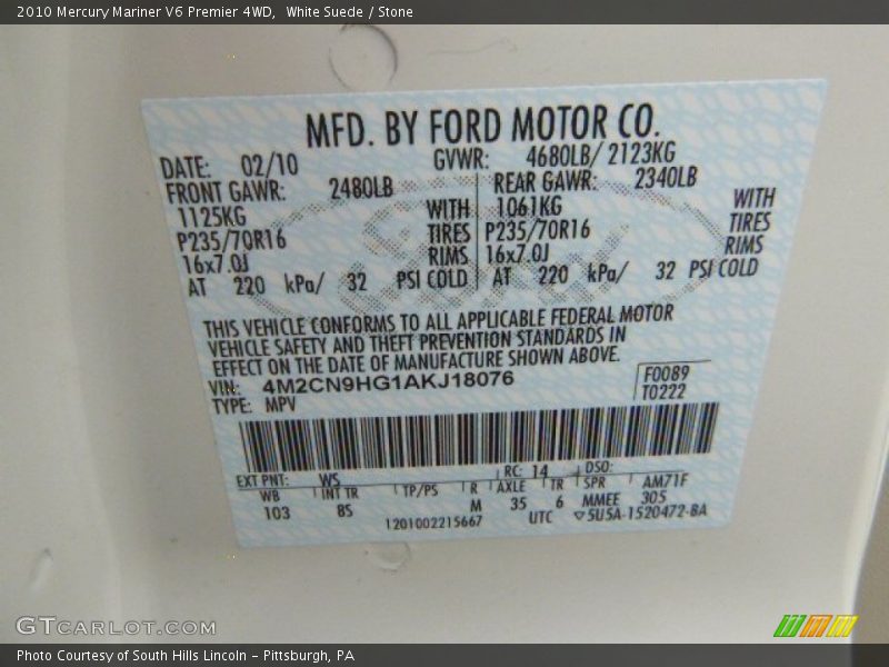 2010 Mariner V6 Premier 4WD White Suede Color Code WS