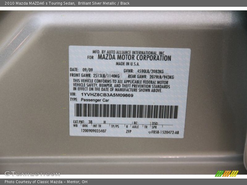 Brilliant Silver Metallic / Black 2010 Mazda MAZDA6 s Touring Sedan