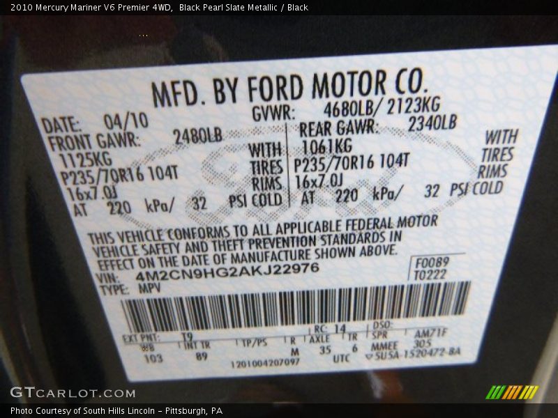 Black Pearl Slate Metallic / Black 2010 Mercury Mariner V6 Premier 4WD