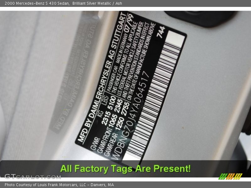 Brilliant Silver Metallic / Ash 2000 Mercedes-Benz S 430 Sedan