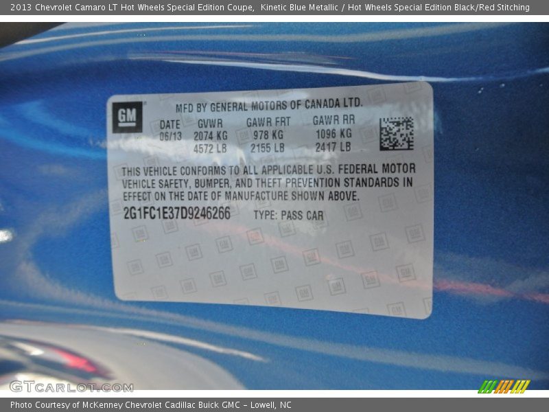 Info Tag of 2013 Camaro LT Hot Wheels Special Edition Coupe