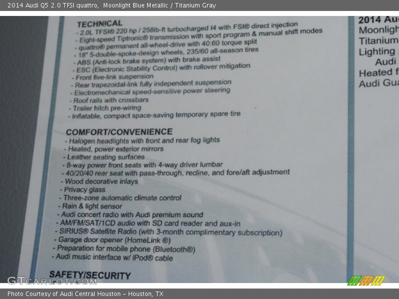 Moonlight Blue Metallic / Titanium Gray 2014 Audi Q5 2.0 TFSI quattro