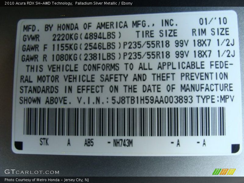 Palladium Silver Metallic / Ebony 2010 Acura RDX SH-AWD Technology