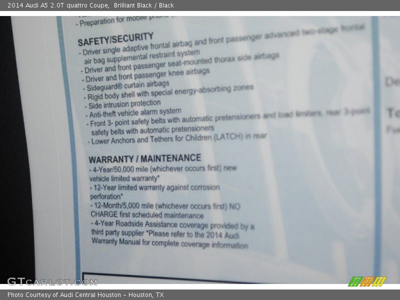  2014 A5 2.0T quattro Coupe Window Sticker