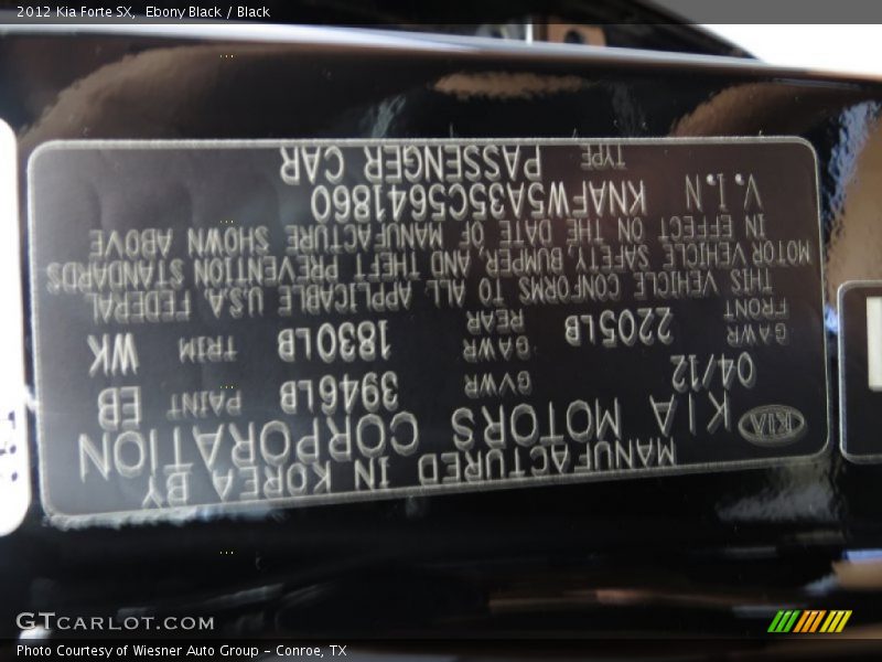 2012 Forte SX Ebony Black Color Code EB
