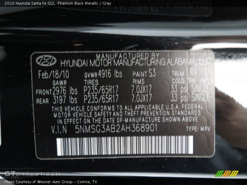 Phantom Black Metallic / Gray 2010 Hyundai Santa Fe GLS