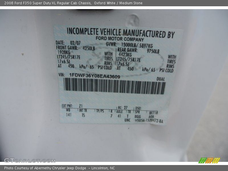 2008 F350 Super Duty XL Regular Cab Chassis Oxford White Color Code Z1