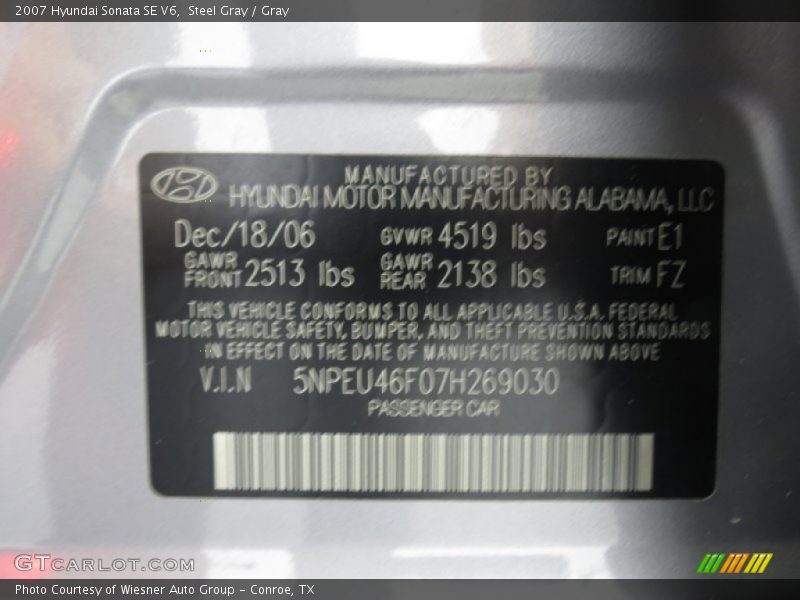 Steel Gray / Gray 2007 Hyundai Sonata SE V6