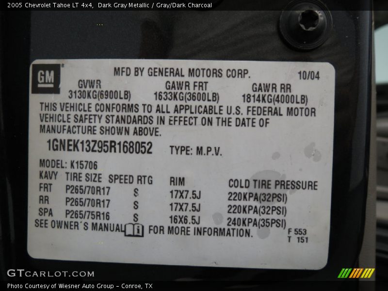 Dark Gray Metallic / Gray/Dark Charcoal 2005 Chevrolet Tahoe LT 4x4