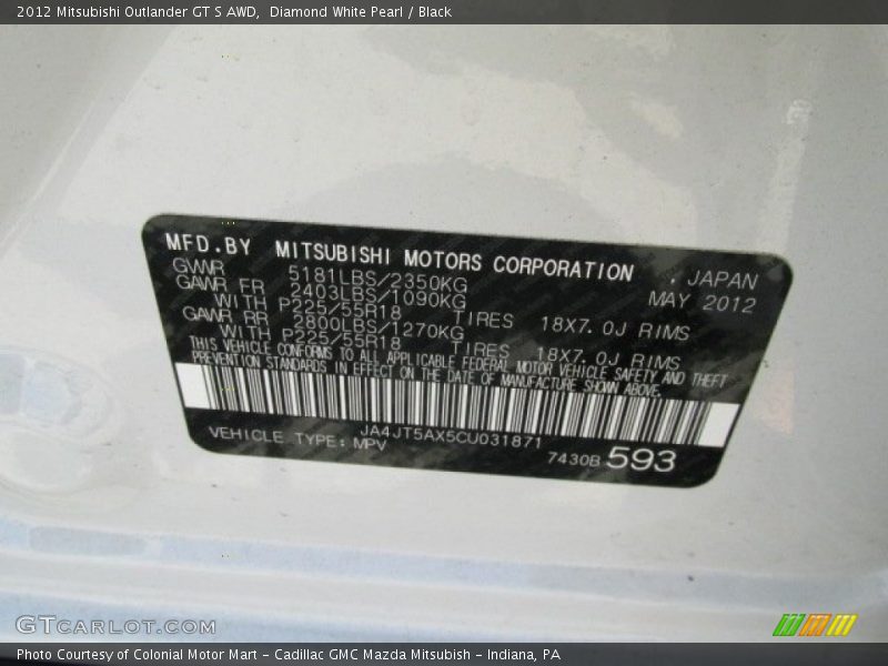 Diamond White Pearl / Black 2012 Mitsubishi Outlander GT S AWD