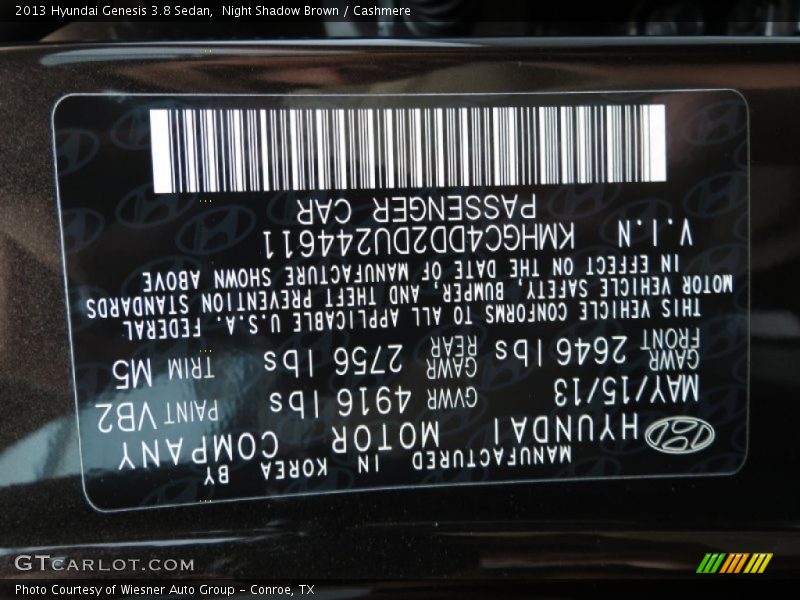 2013 Genesis 3.8 Sedan Night Shadow Brown Color Code VB2