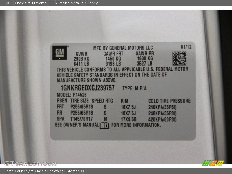 Silver Ice Metallic / Ebony 2012 Chevrolet Traverse LT