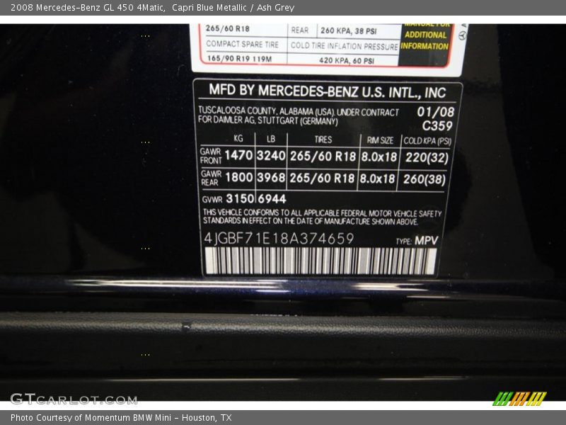 Capri Blue Metallic / Ash Grey 2008 Mercedes-Benz GL 450 4Matic