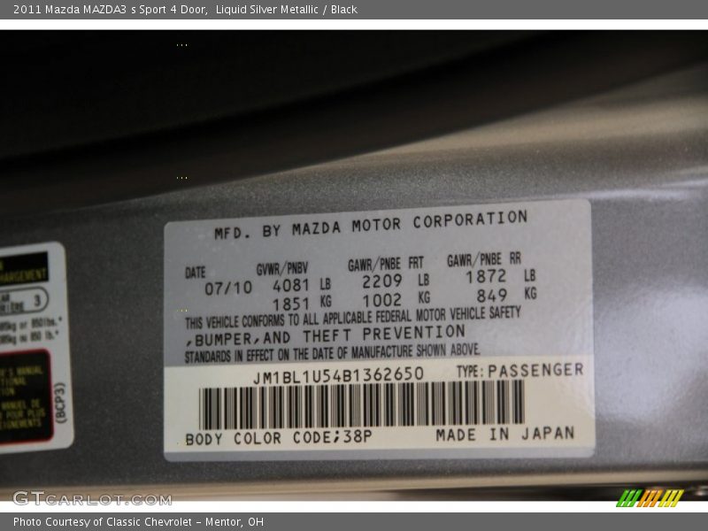 2011 MAZDA3 s Sport 4 Door Liquid Silver Metallic Color Code 38P
