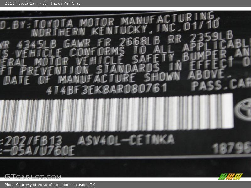 Black / Ash Gray 2010 Toyota Camry LE
