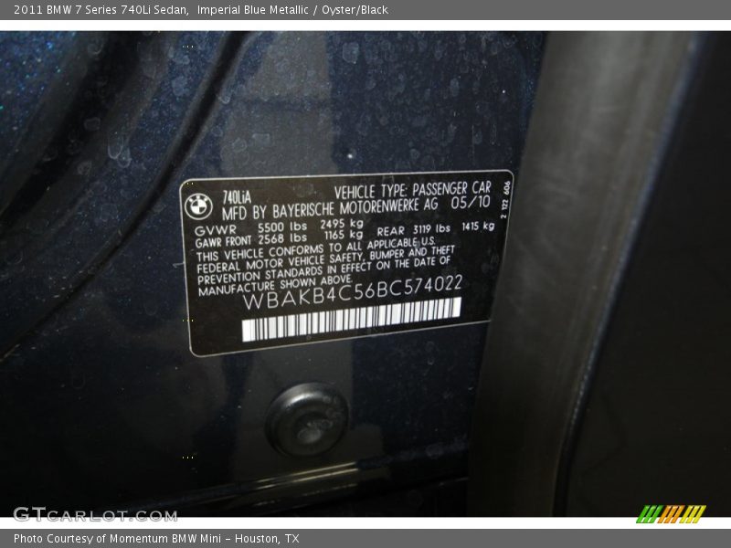 Imperial Blue Metallic / Oyster/Black 2011 BMW 7 Series 740Li Sedan