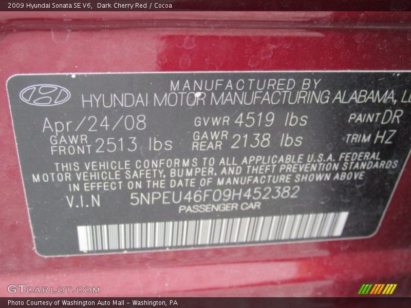Dark Cherry Red / Cocoa 2009 Hyundai Sonata SE V6