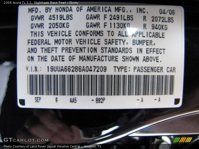 Nighthawk Black Pearl / Ebony 2006 Acura TL 3.2