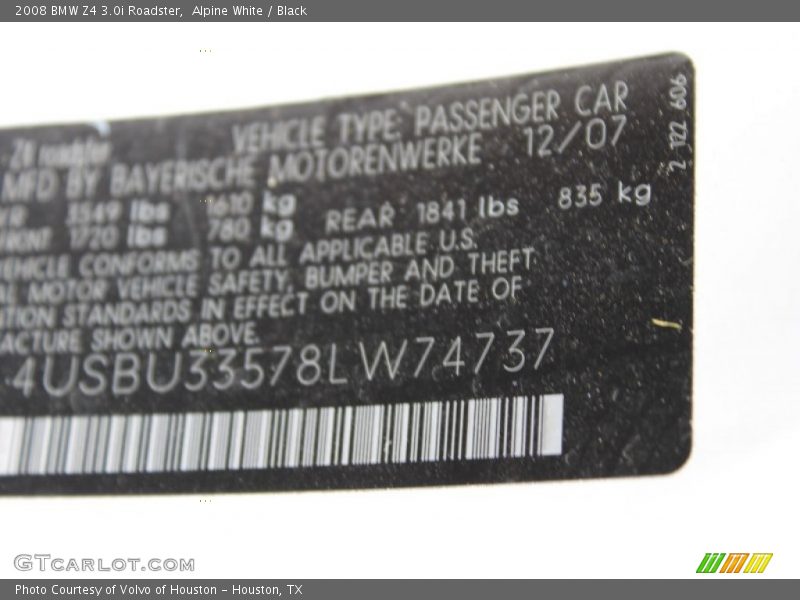 Alpine White / Black 2008 BMW Z4 3.0i Roadster