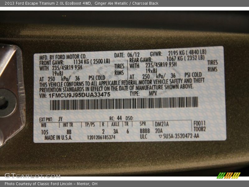 2013 Escape Titanium 2.0L EcoBoost 4WD Ginger Ale Metallic Color Code JY