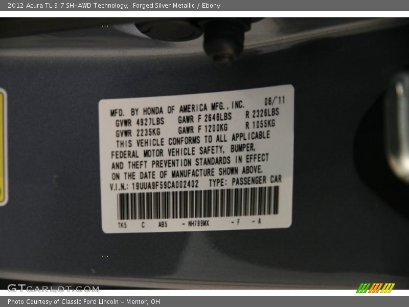 Forged Silver Metallic / Ebony 2012 Acura TL 3.7 SH-AWD Technology