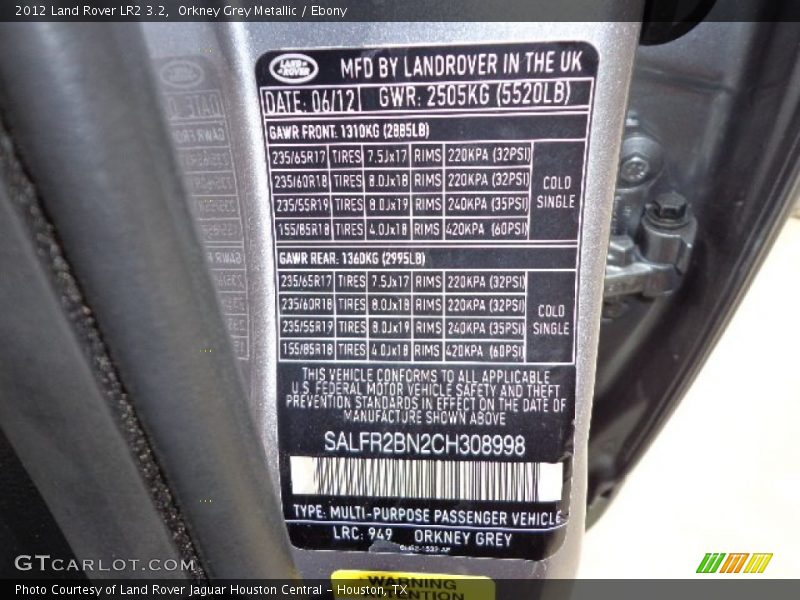 Orkney Grey Metallic / Ebony 2012 Land Rover LR2 3.2