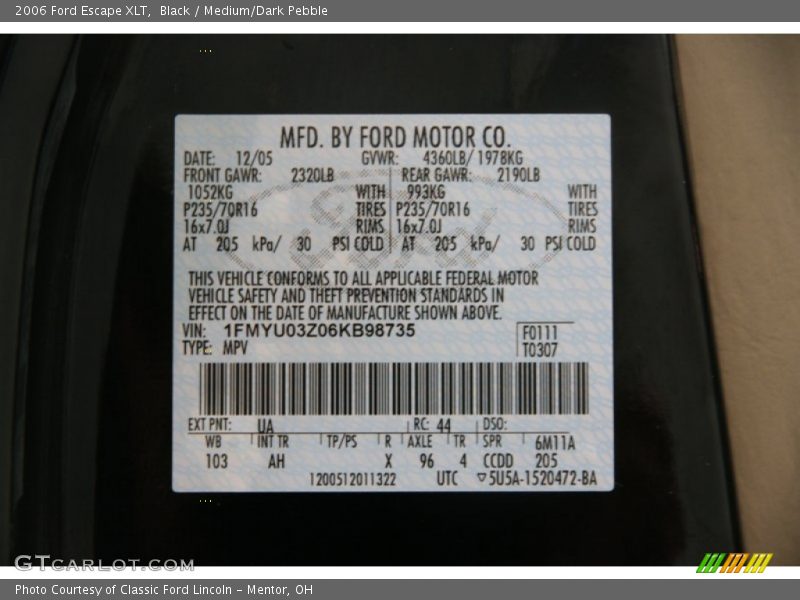 Black / Medium/Dark Pebble 2006 Ford Escape XLT