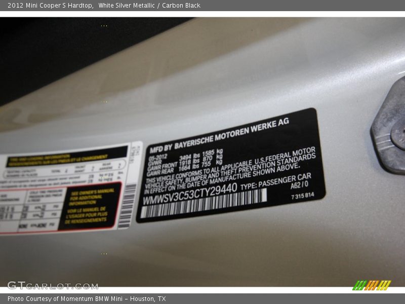 White Silver Metallic / Carbon Black 2012 Mini Cooper S Hardtop