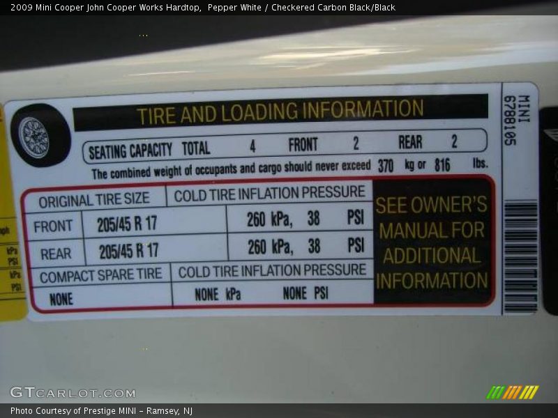 Pepper White / Checkered Carbon Black/Black 2009 Mini Cooper John Cooper Works Hardtop