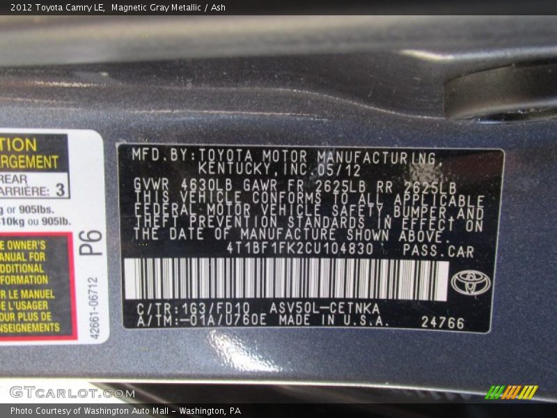 Magnetic Gray Metallic / Ash 2012 Toyota Camry LE