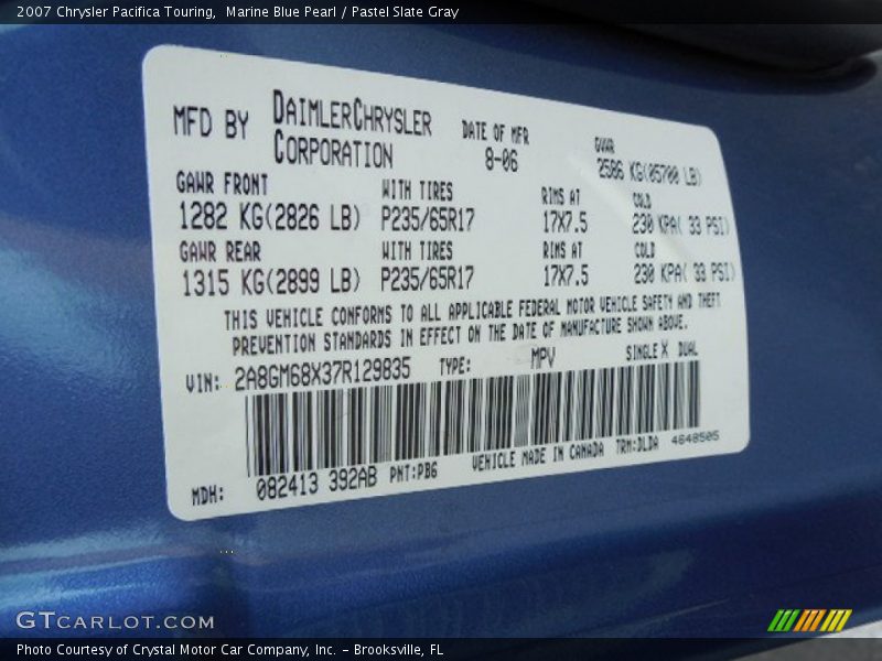 Marine Blue Pearl / Pastel Slate Gray 2007 Chrysler Pacifica Touring