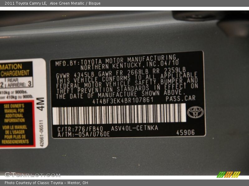 Aloe Green Metallic / Bisque 2011 Toyota Camry LE