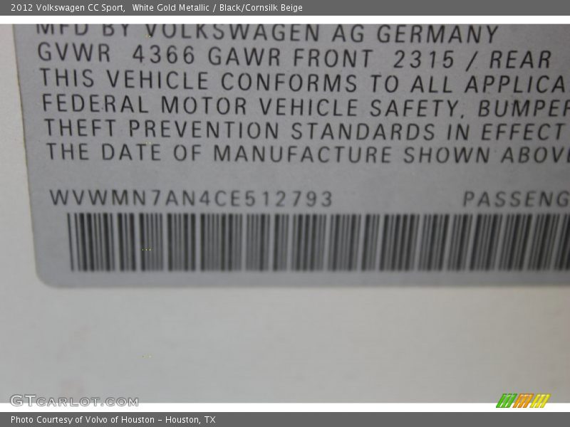 White Gold Metallic / Black/Cornsilk Beige 2012 Volkswagen CC Sport