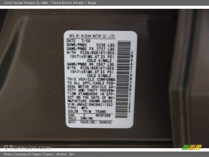 Tinted Bronze Metallic / Beige 2009 Nissan Murano SL AWD