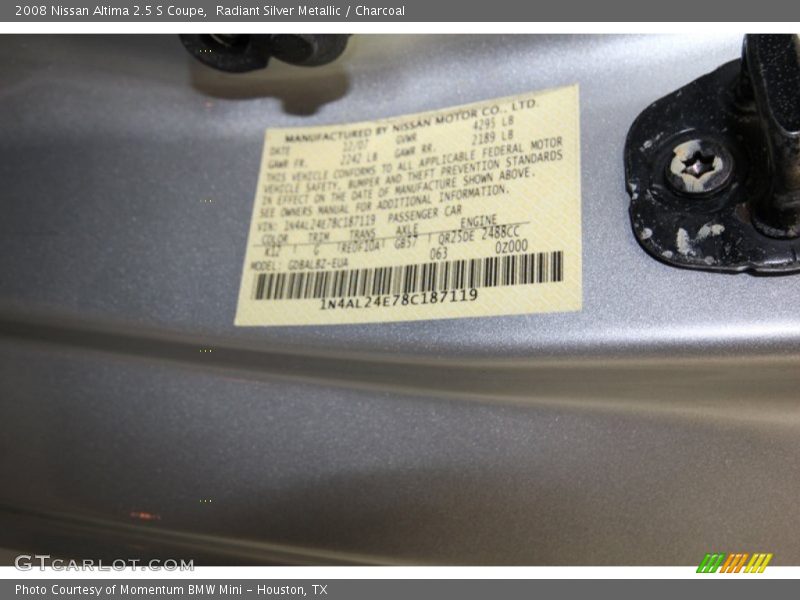 Radiant Silver Metallic / Charcoal 2008 Nissan Altima 2.5 S Coupe