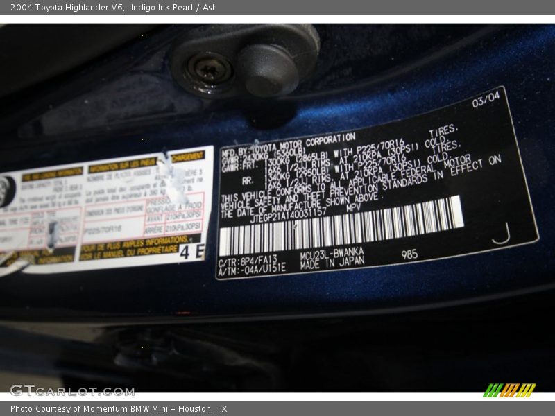 Indigo Ink Pearl / Ash 2004 Toyota Highlander V6