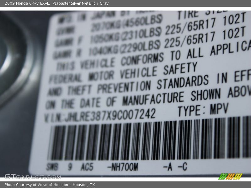 Alabaster Silver Metallic / Gray 2009 Honda CR-V EX-L