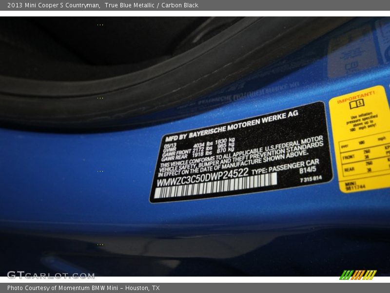 True Blue Metallic / Carbon Black 2013 Mini Cooper S Countryman