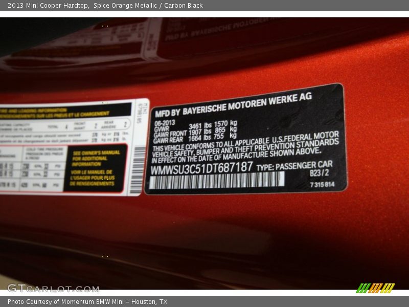 Spice Orange Metallic / Carbon Black 2013 Mini Cooper Hardtop