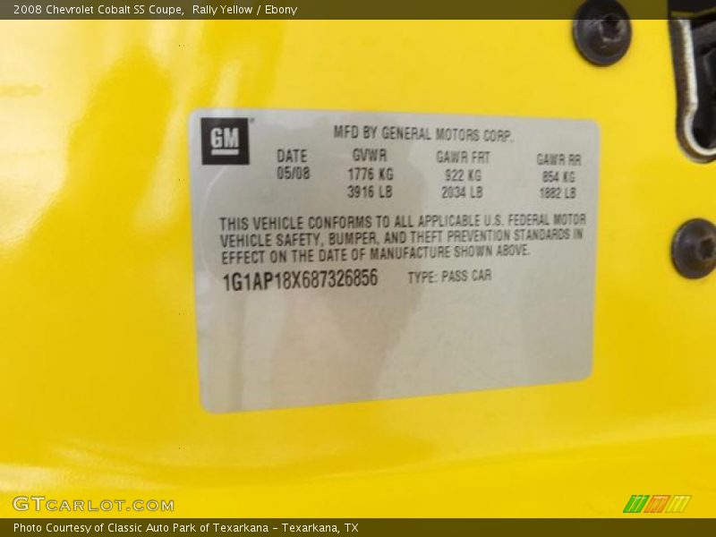 Info Tag of 2008 Cobalt SS Coupe