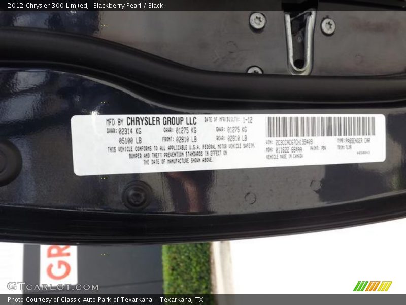 Blackberry Pearl / Black 2012 Chrysler 300 Limited